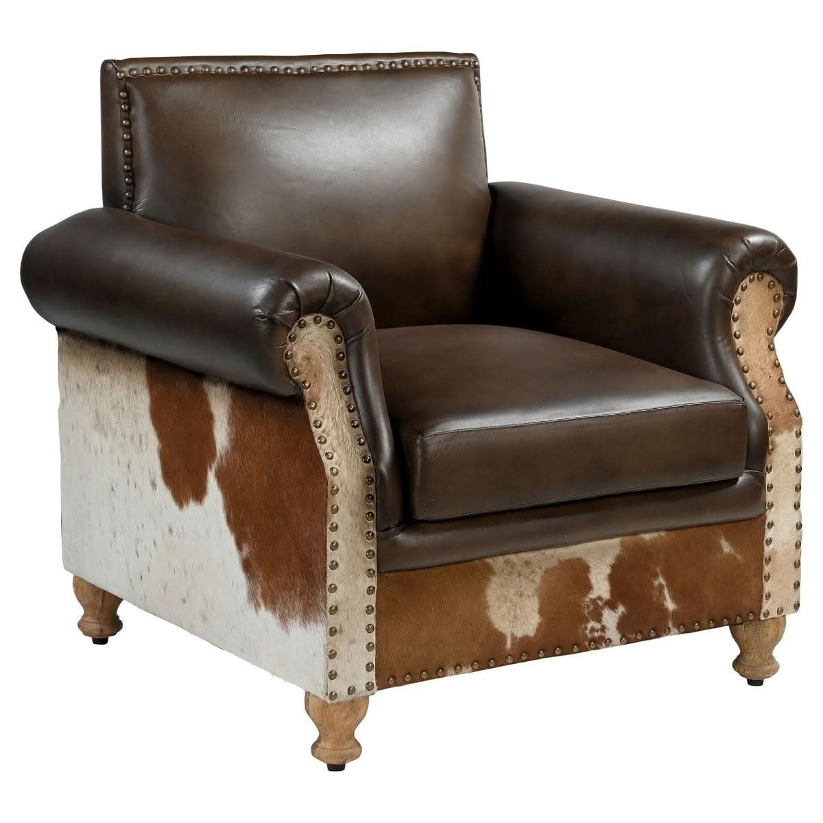 BENZI HANDMADE COW HIDE & GENUINE LEATHER ARMCHAIR EASY CHAIR LOUNGE CHAIR - MyChocolateWood