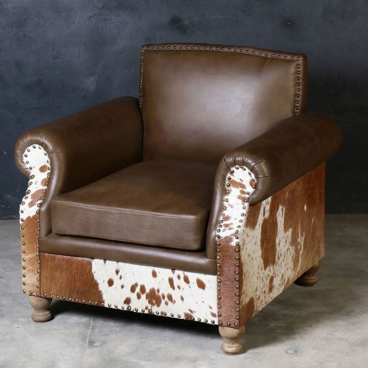 BENZI HANDMADE COW HIDE & GENUINE LEATHER ARMCHAIR EASY CHAIR LOUNGE CHAIR - MyChocolateWood