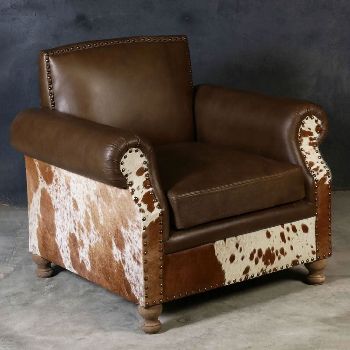BENZI HANDMADE COW HIDE & GENUINE LEATHER ARMCHAIR EASY CHAIR LOUNGE CHAIR - MyChocolateWood