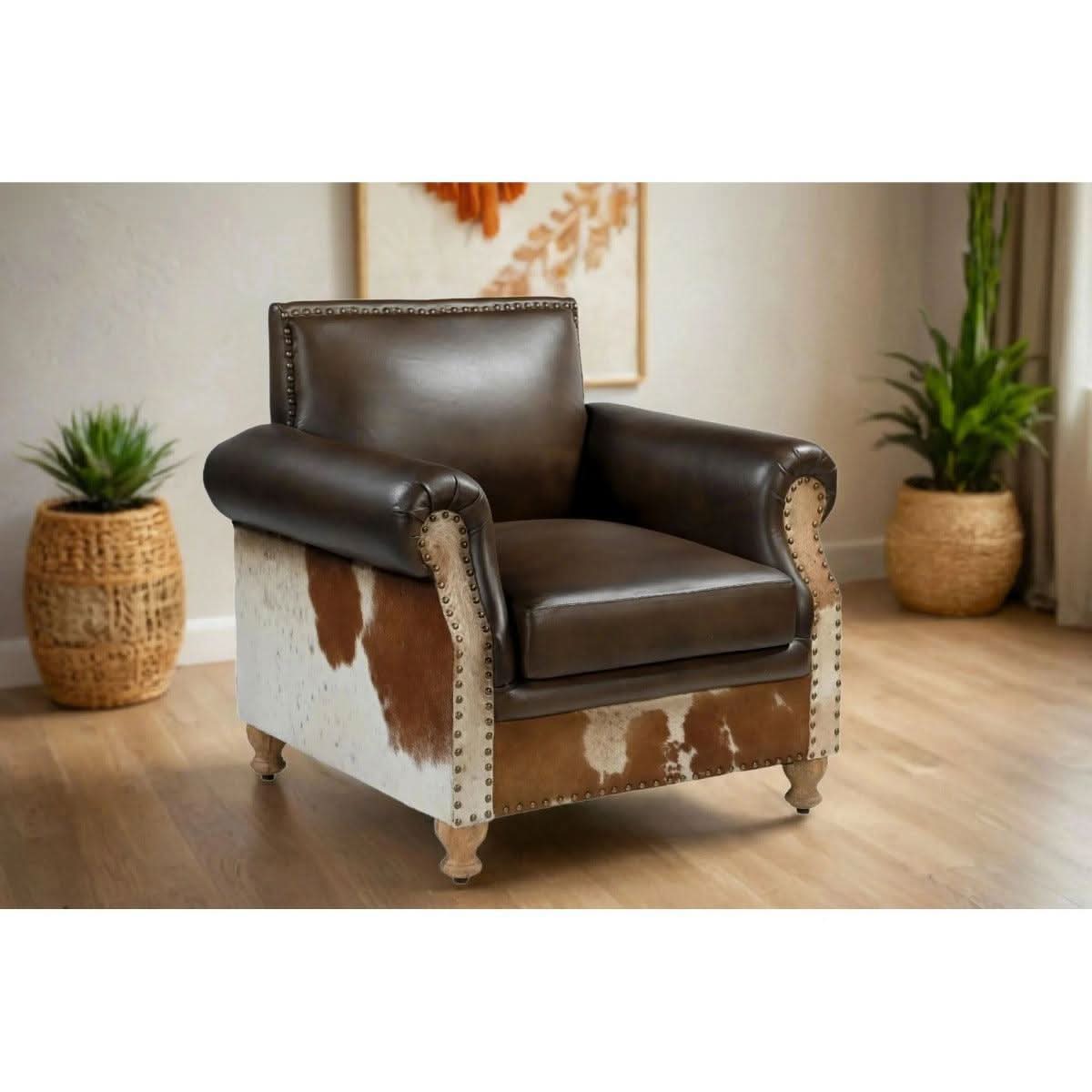 BENZI HANDMADE COW HIDE & GENUINE LEATHER ARMCHAIR EASY CHAIR LOUNGE CHAIR - MyChocolateWood