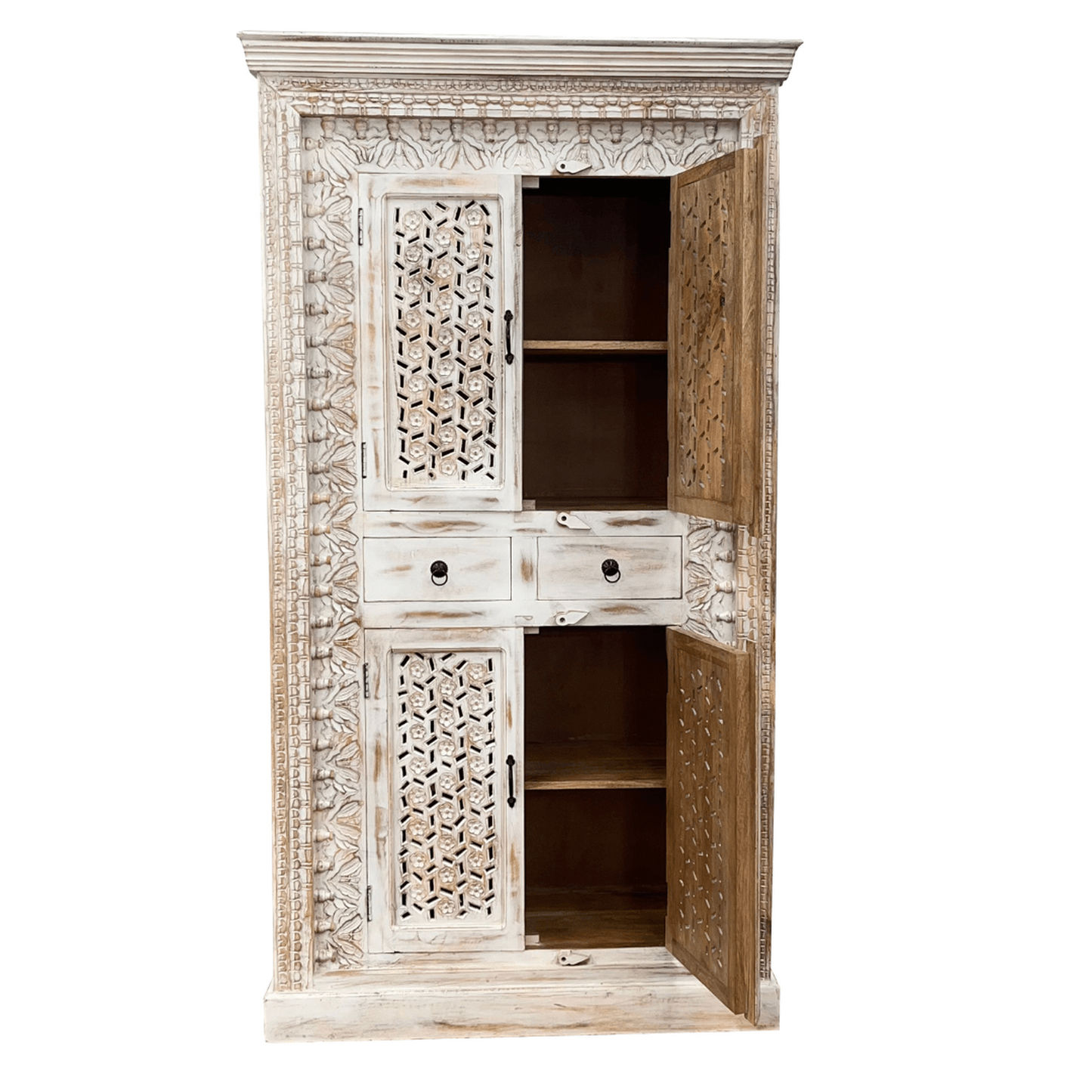 BETHANY 2 DOORS & 2 DRAWERS ORNATE ASIAN STYLE CUPBOARD IN MANGO WOOD