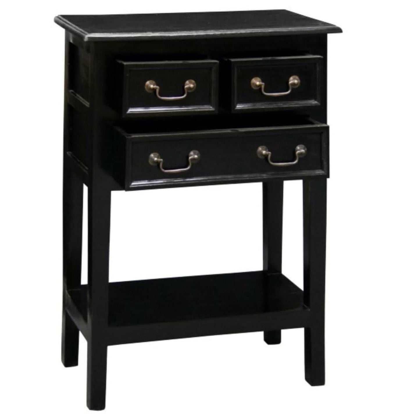 Birkdale Solid Mahogany 3-Drawer Side Table with Shelf in Black - Chocolate Wood