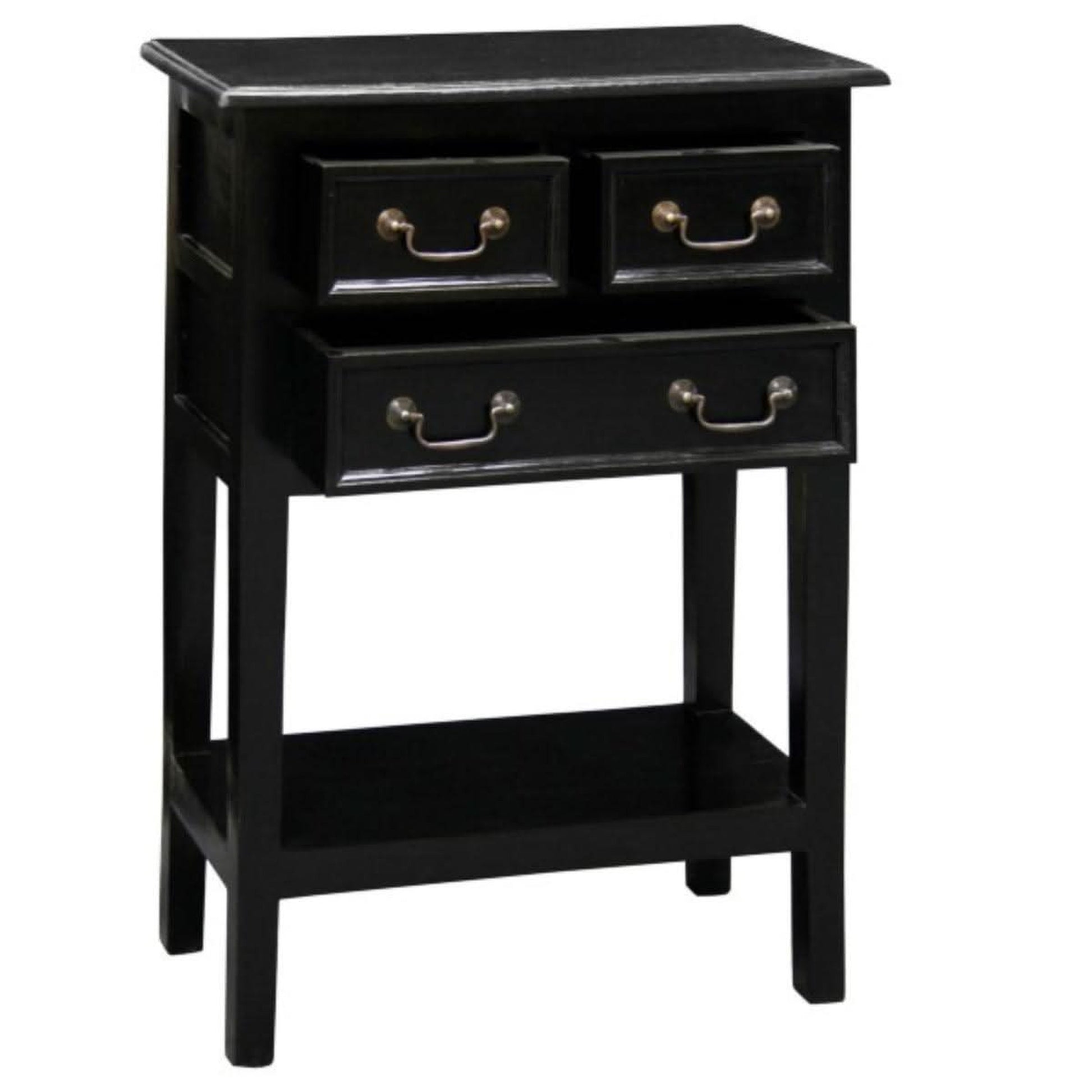 Birkdale Solid Mahogany 3-Drawer Side Table with Shelf in Black - Chocolate Wood