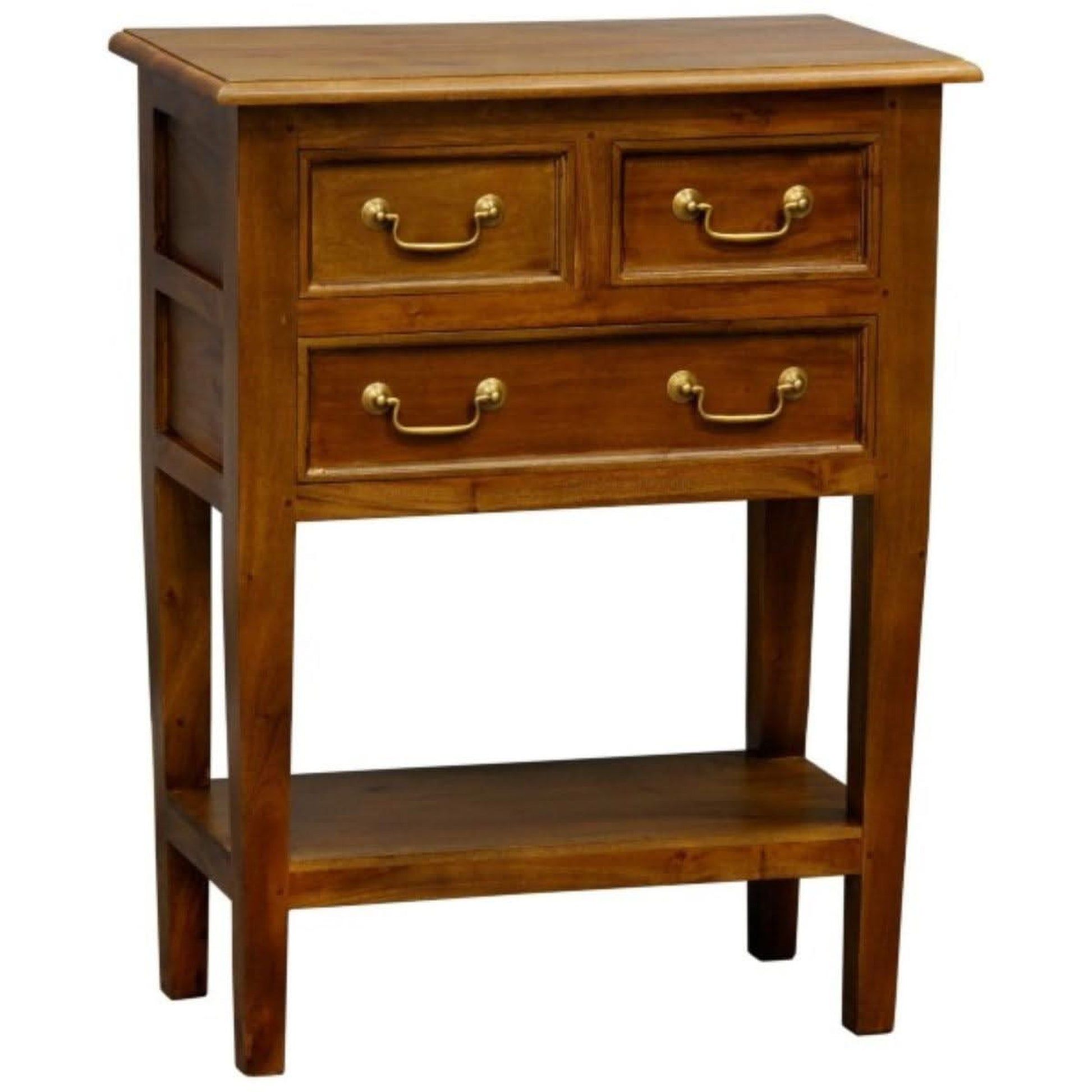 Birkdale Solid Mahogany 3-Drawer Side Table with Shelf in Light Pecan - Chocolate Wood