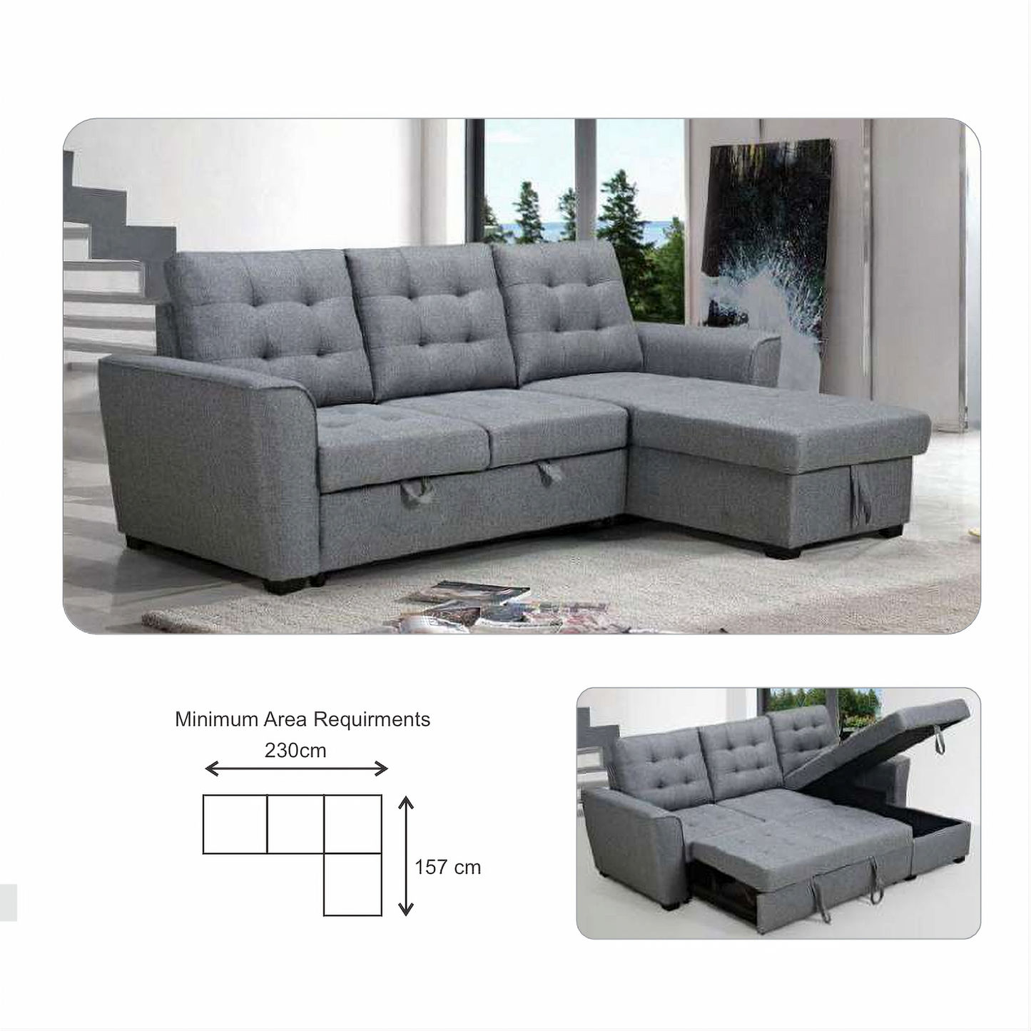 BRIENNE FABRIC SOFABED 2-SEATER SOFA & REVERSIBLE STORAGE CHAISE GREY