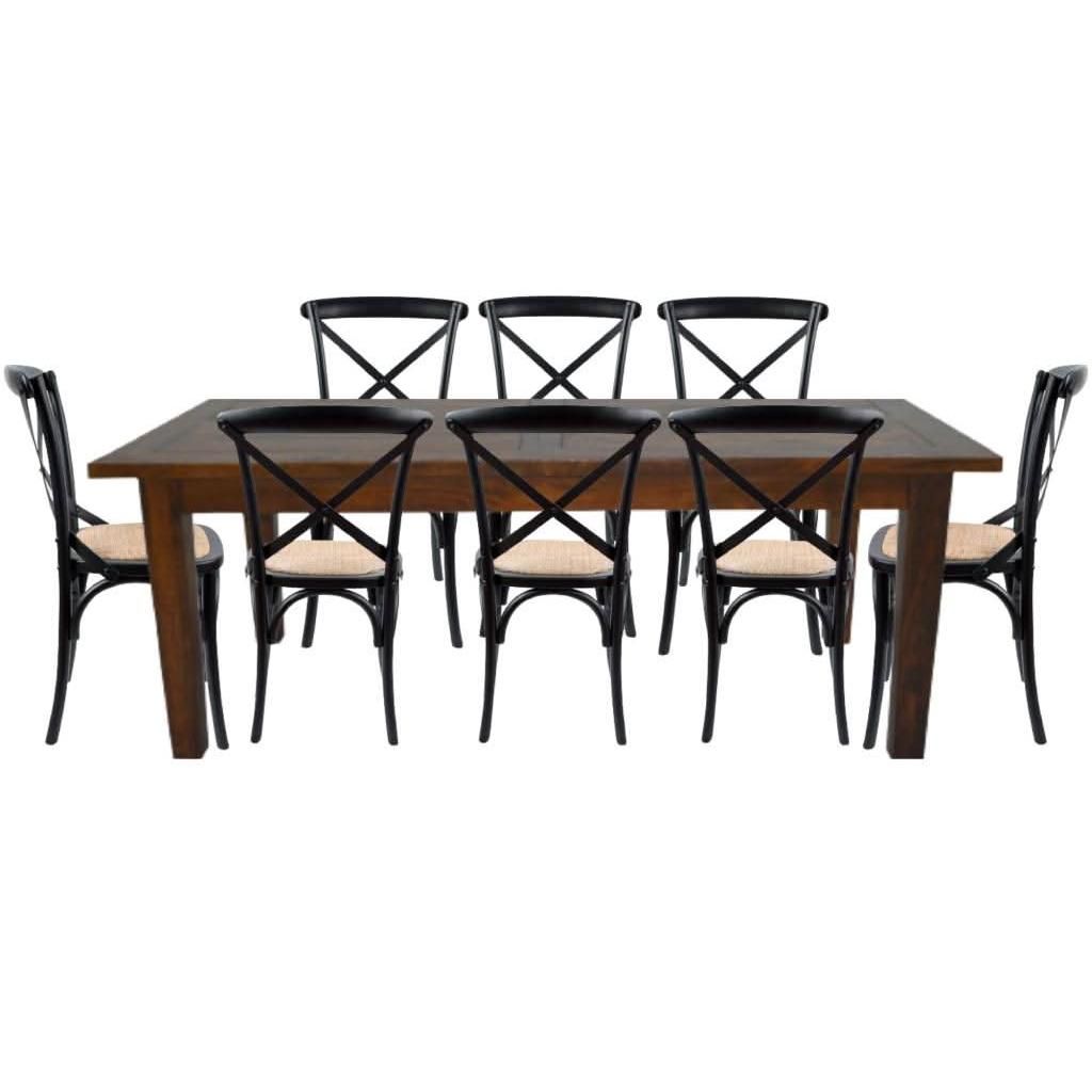 BROSLEY SOLID MANGO 9 PIECE DINING SET 1 X 210CM DINING TABLE + 8 MELROSE BLACK CROSS-BACK DINING CHAIRS - MyChocolateWood