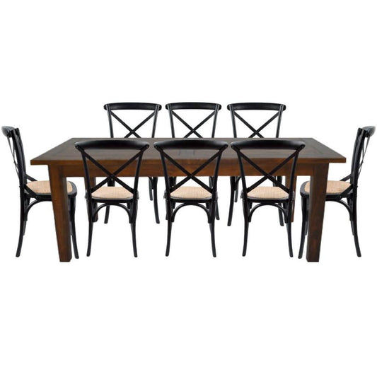 BROSLEY SOLID MANGO 9 PIECE DINING SET 1 X 210CM DINING TABLE + 8 MELROSE BLACK CROSS-BACK DINING CHAIRS - MyChocolateWood