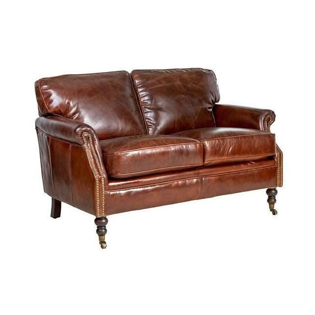 BUCKINGHAM AGED LEATHER 2-SEATER SOFA WITH BRASS STUD DETAILING - MyChocolateWood