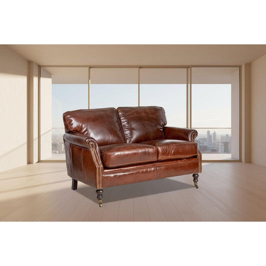 BUCKINGHAM AGED LEATHER 2-SEATER SOFA WITH BRASS STUD DETAILING - MyChocolateWood