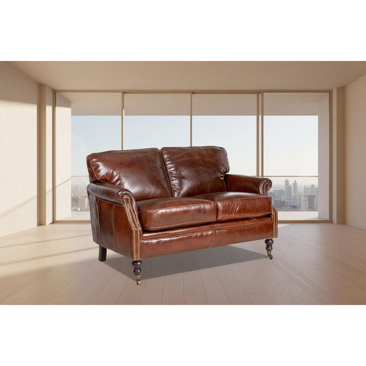 BUCKINGHAM AGED LEATHER 2-SEATER SOFA WITH BRASS STUD DETAILING