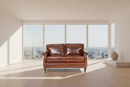 BUCKINGHAM AGED LEATHER 2-SEATER SOFA WITH BRASS STUD DETAILING - MyChocolateWood