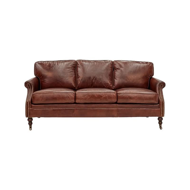 BUCKINGHAM AGED LEATHER 3 SEATER SOFA WITH BRASS STUD DETAILING - MyChocolateWood