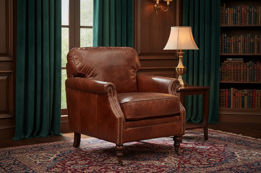 BUCKINGHAM AGED LEATHER ARMCHAIR WITH BRASS STUD DETAILING - MyChocolateWood