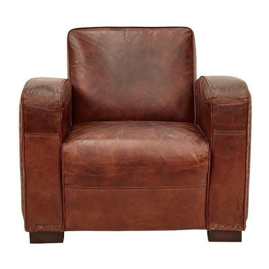 CAMBRIDGE CLUB AGED LEATHER ARMCHAIR IN VINTAGE BROWN- BOLD BRASS STUD DETAILING