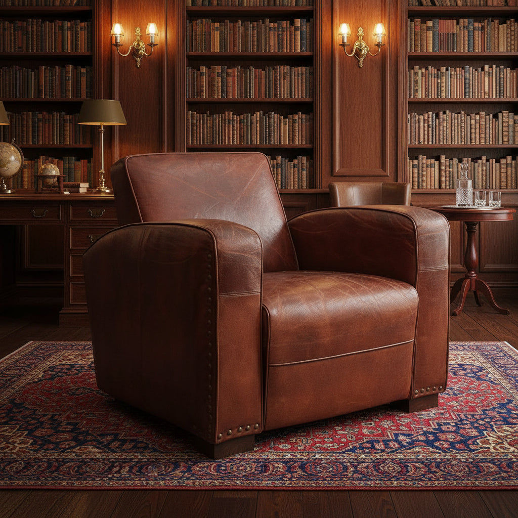 CAMBRIDGE CLUB AGED LEATHER ARMCHAIR IN VINTAGE BROWN- BOLD BRASS STUD DETAILING - MyChocolateWood