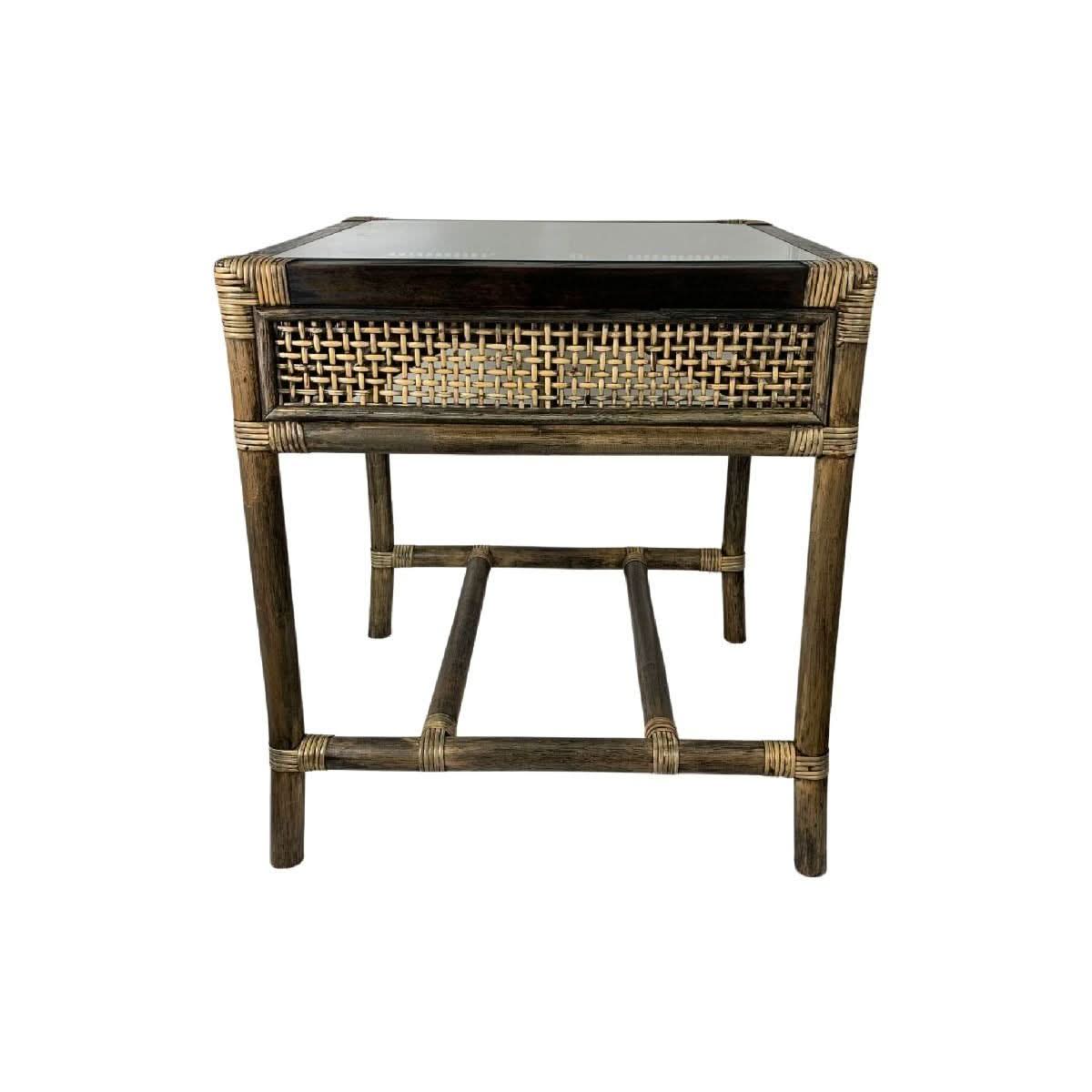 Camino rattan and mango wood side table with black shadow finish and glass top, stylish and modern for living room decor.