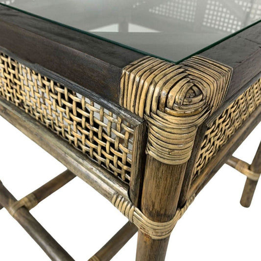 Black shadow Camino rattan and mango wood lamp table with glass top, stylish side table by MyChocolateWood.