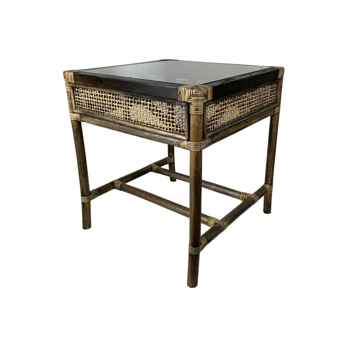 MyChocolateWood Camino rattan and mango wood side table with black shadow finish and glass top, modern lamp table design