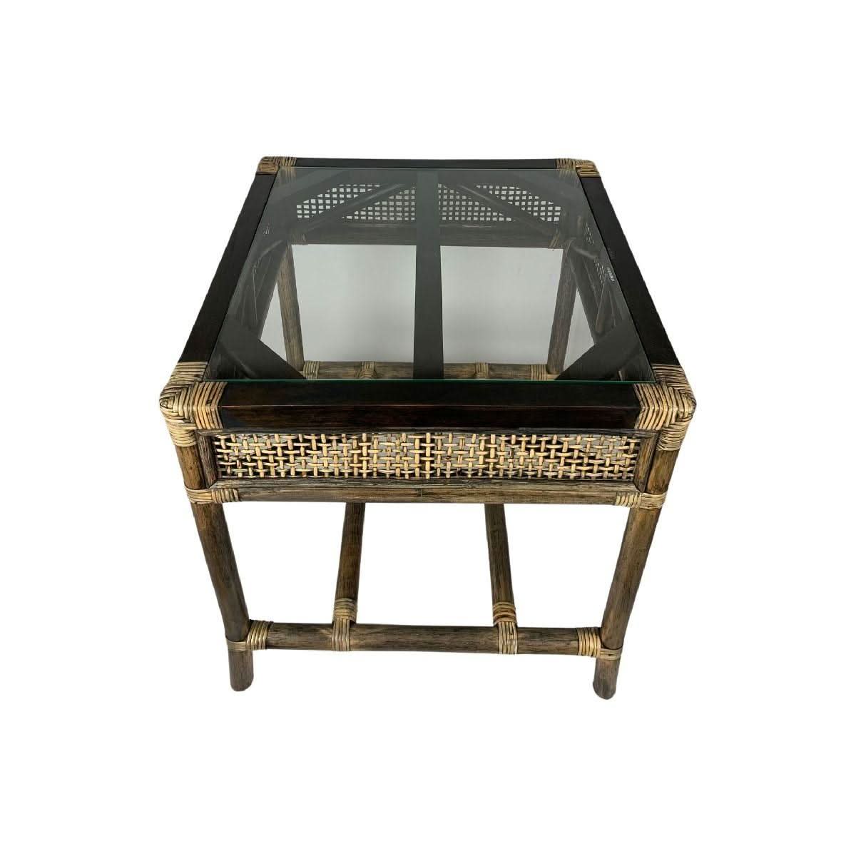 Black shadow rattan and mango lamp table with glass top, modern side table by MyChocolateWood.
