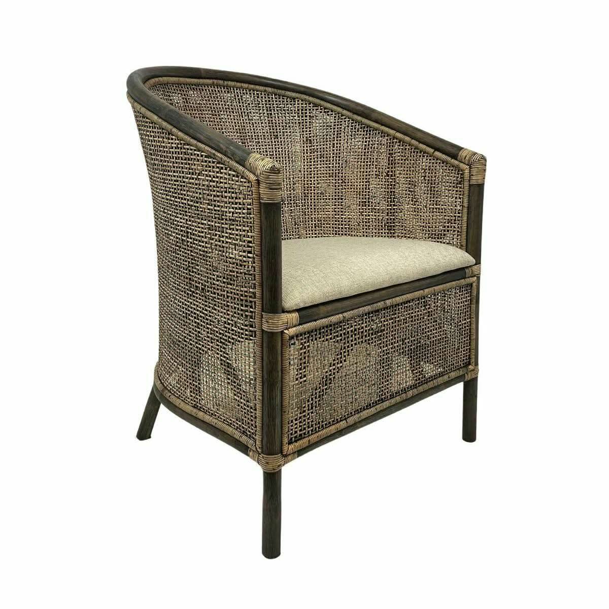 Black shadow Camino rattan and mango wood tub lounge chair by MyChocolateWood, featuring a stylish armchair design.