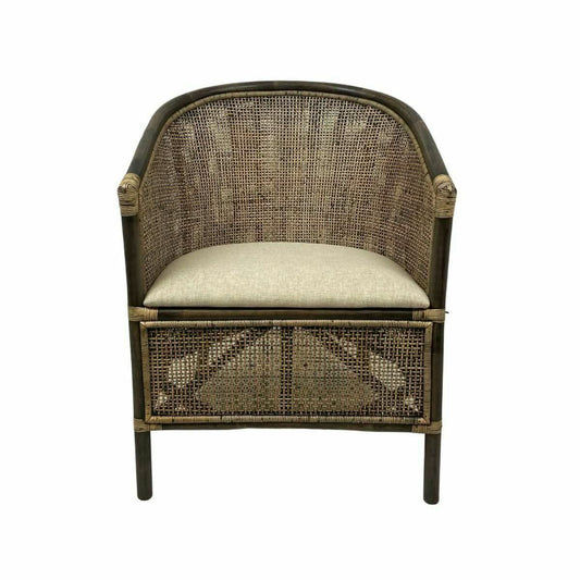 Black shadow Camino rattan and mango wood tub chair by Chocolate Wood, stylish armchair with a cozy lounge design.