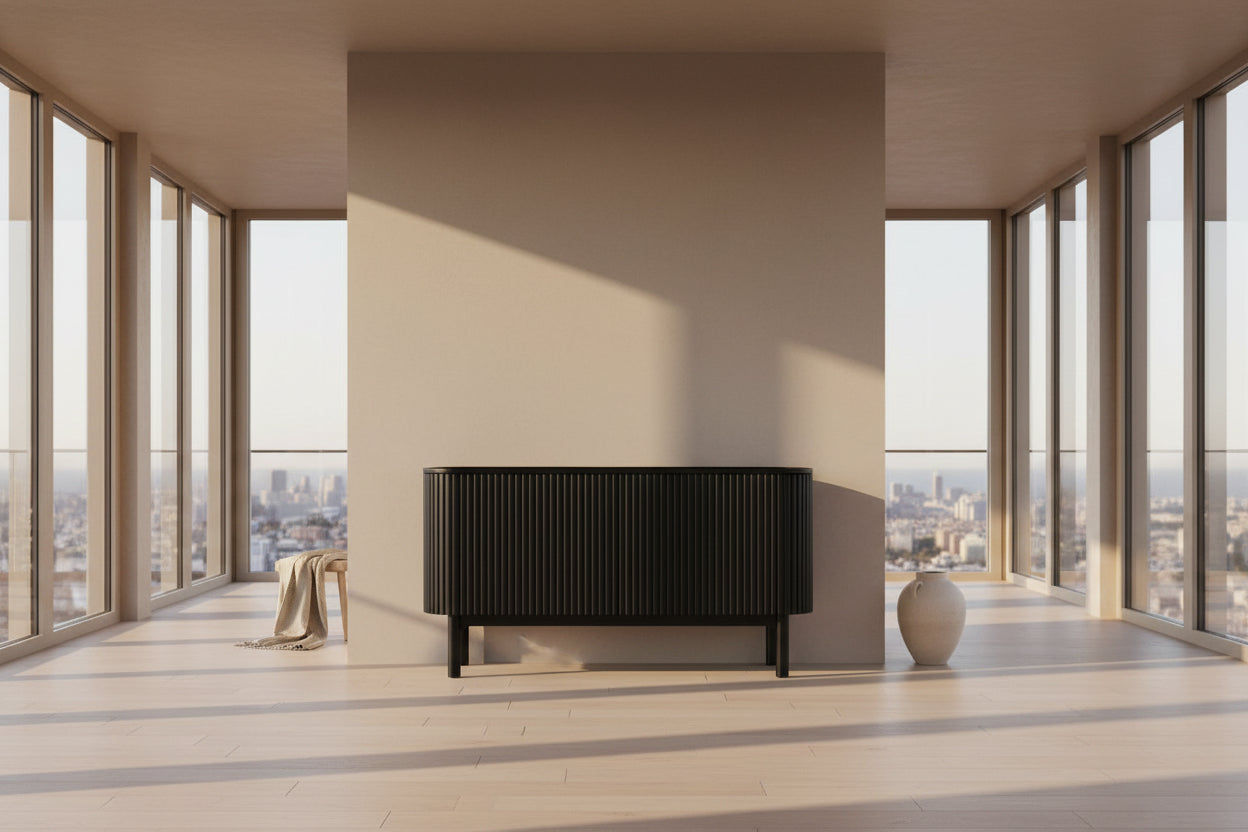Black CANGGU solid teak sideboard with two doors by MyChocolateWood, showcasing sleek modern design and natural wood grain.