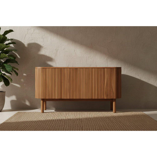 Solid teak sideboard with two doors in natural finish by MyChocolateWood, showcasing sleek wood grain and modern design.