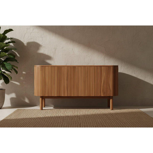 Solid teak sideboard with two doors in natural finish by Chocolate Wood, showcasing sleek wood grain and modern design.
