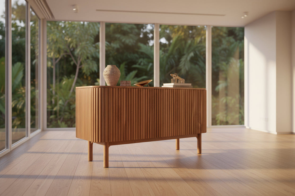 Solid teak sideboard with two doors in natural finish by MyChocolateWood, showcasing a sleek, modern storage piece.