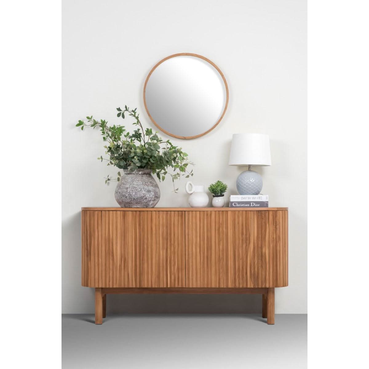 Natural teak sideboard with two doors by MyChocolateWood, showcasing clean lines and solid wood craftsmanship.