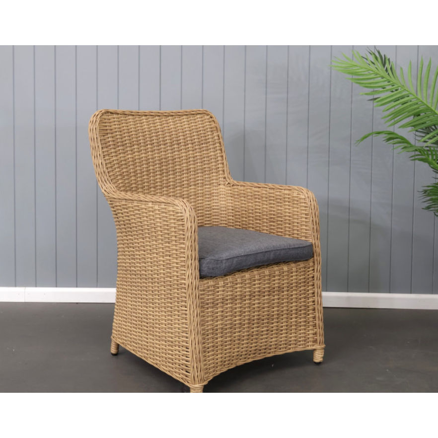 CAPELL 1800 7-PIECE OUTDOOR DINING SUITE TEAK LOOK WICKER ON ALUMINIUM FRAME/CHARCOAL CUSHIONS - MyChocolateWood