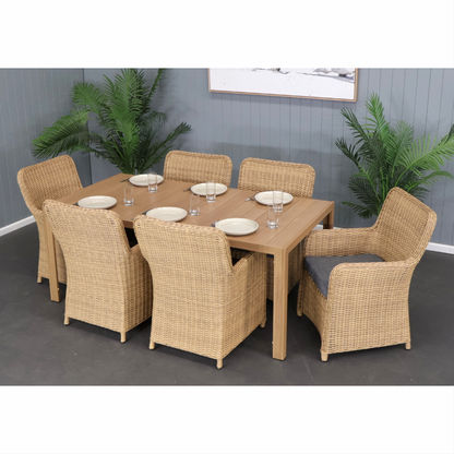 CAPELL 1800 7-PIECE OUTDOOR DINING SUITE TEAK LOOK WICKER ON ALUMINIUM FRAME/CHARCOAL CUSHIONS