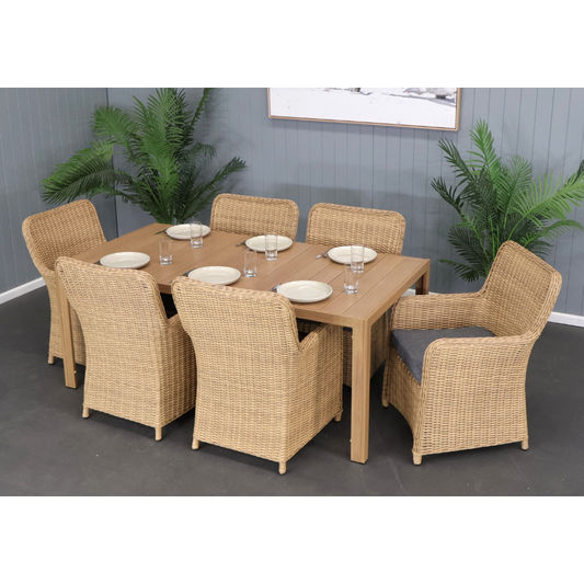 CAPELL 1800 7-PIECE OUTDOOR DINING SUITE TEAK LOOK WICKER ON ALUMINIUM FRAME/CHARCOAL CUSHIONS - MyChocolateWood