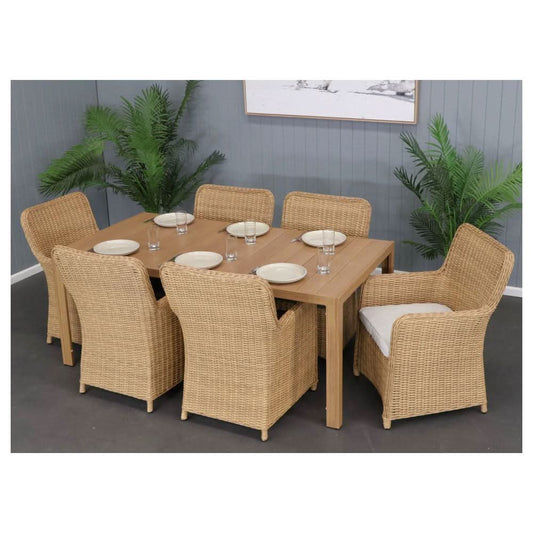 CAPELL 1800 7-PIECE OUTDOOR DINING SUITE WICKER ON ALUMINIUM FRAME TEAK LOOK/NATURAL CUSHIONS - MyChocolateWood