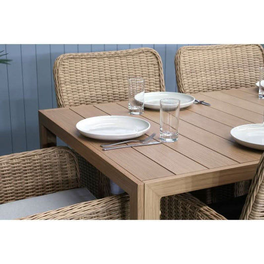 CAPELL 1800 7-PIECE OUTDOOR DINING SUITE WICKER ON ALUMINIUM FRAME TEAK LOOK/NATURAL CUSHIONS - MyChocolateWood