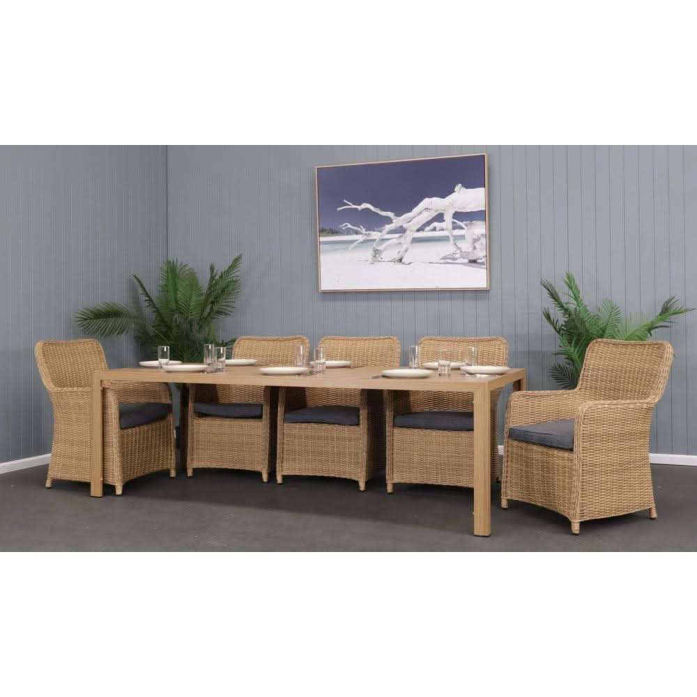 CAPELL 2400 9-PIECE OUTDOOR DINING SUITE WICKER ON ALUMINIUM FRAME TEAK LOOK CHARCOAL - MyChocolateWood