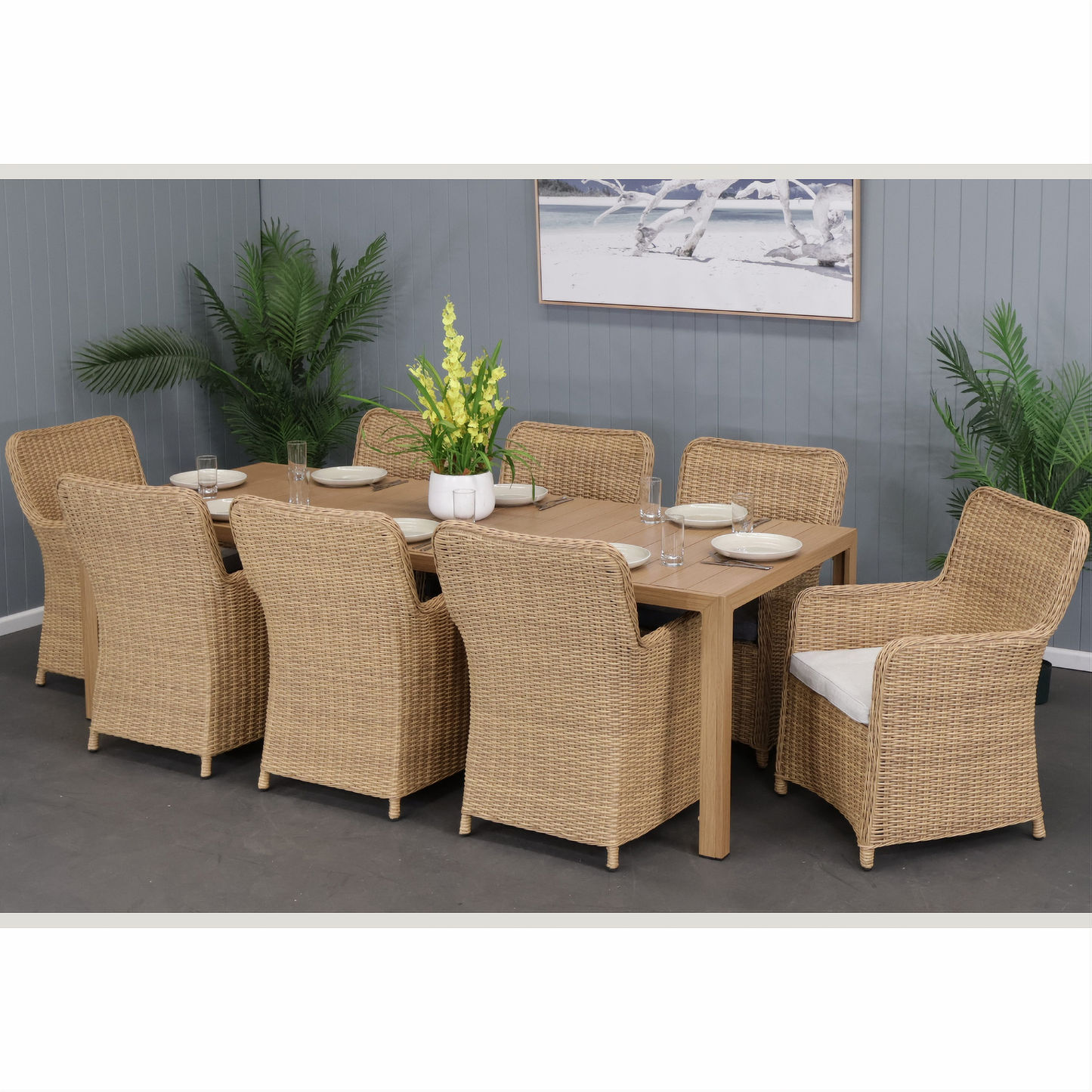 Capell 9-Piece Outdoor Dining Suite in White with Natural Cushions - Chocolate Wood