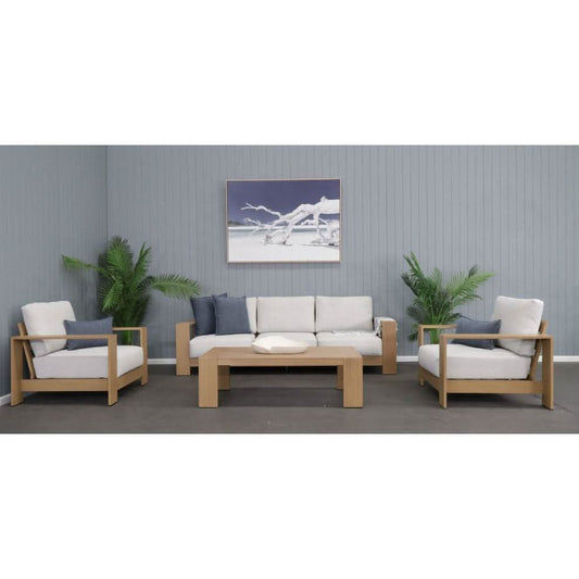 CAPELL 4-PIECE OUTDOOR LOUNGE SETTING WICKER ON ALUMINIUM FRAME TEAK LOOK/NATURAL CUSHIONS - MyChocolateWood