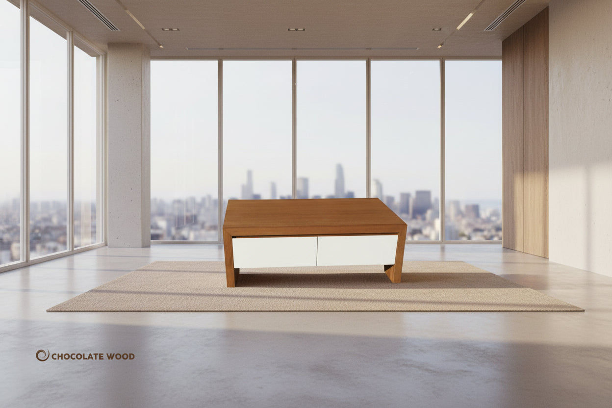 CARTER MADE TO ORDER  2 DRAWER TASSIE OAK COFFEE TABLE IN CLEAR LACQUER - MyChocolateWood