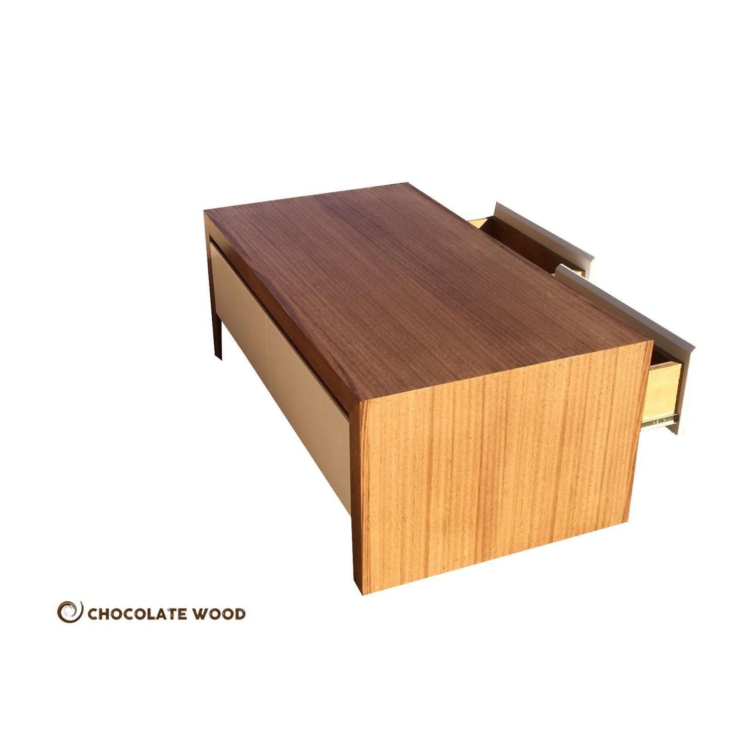 CARTER MADE TO ORDER 2 DRAWER TASSIE OAK COFFEE TABLE IN CLEAR LACQUER - MyChocolateWood