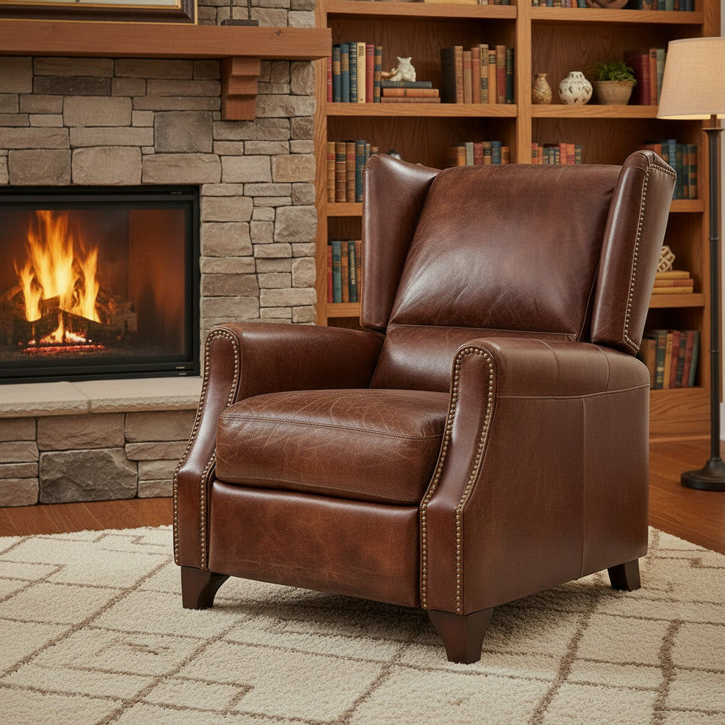 CHAMPIONS AGED LEATHER ARMCHAIR RECLINER IN ORIGINAL AGED LEATHER - MyChocolateWood