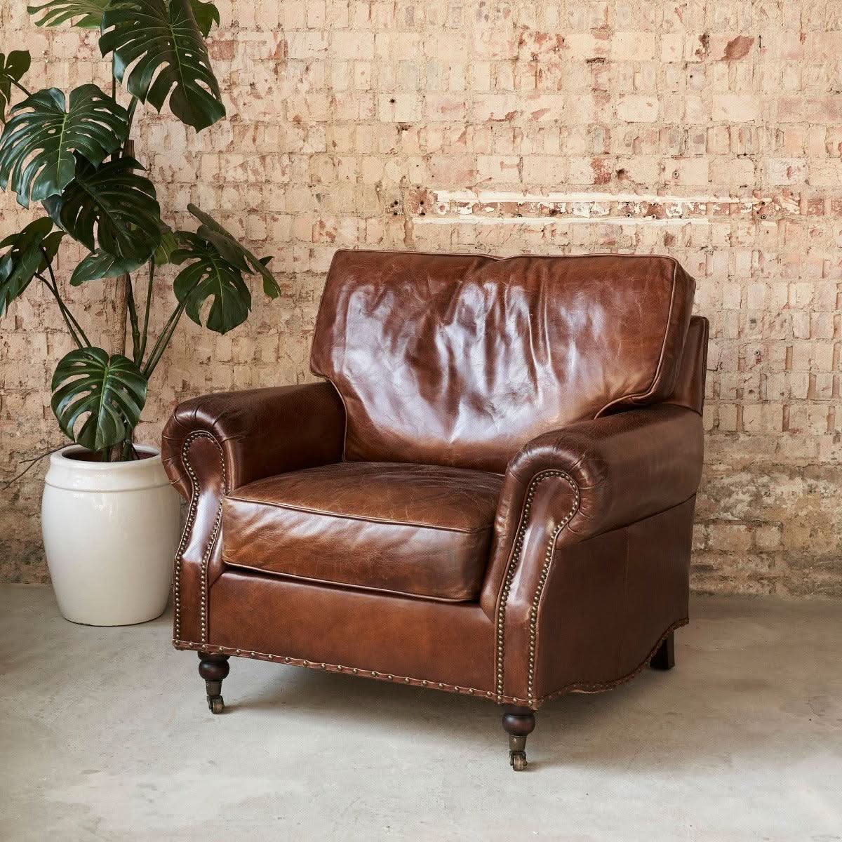 CHARLESTON AGED LEATHER ARMCHAIR IN ORIGINAL AGED LEATHER - MyChocolateWood