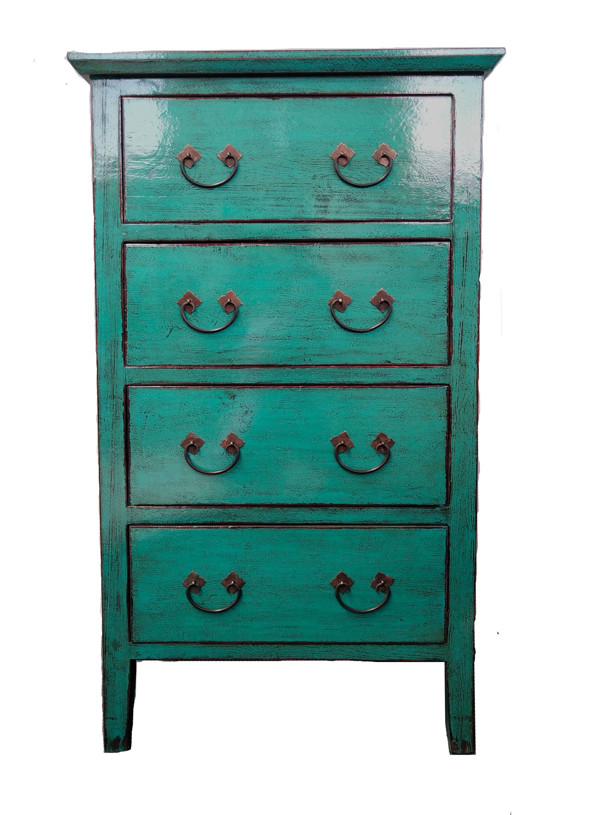 CHENGDU HCB010 CHINESE ANTIQUE RECYCLED  PINE TIMBER TALLBOY CHEST OF 4 DRAWERS TEAL - MyChocolateWood