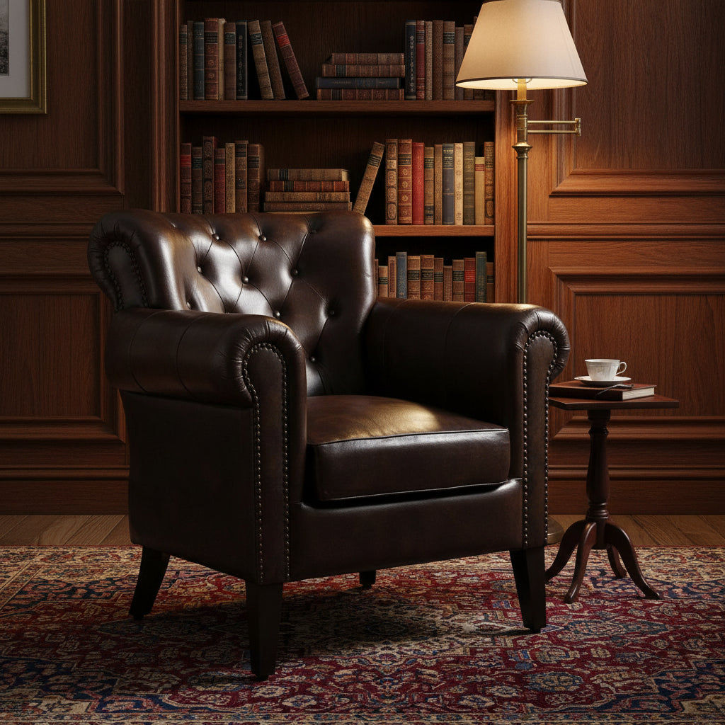 CHESTERFIELD CHOCOLATE LEATHER ARMCHAIR/WINGBACK CHAIR WITH STUDS - MyChocolateWood