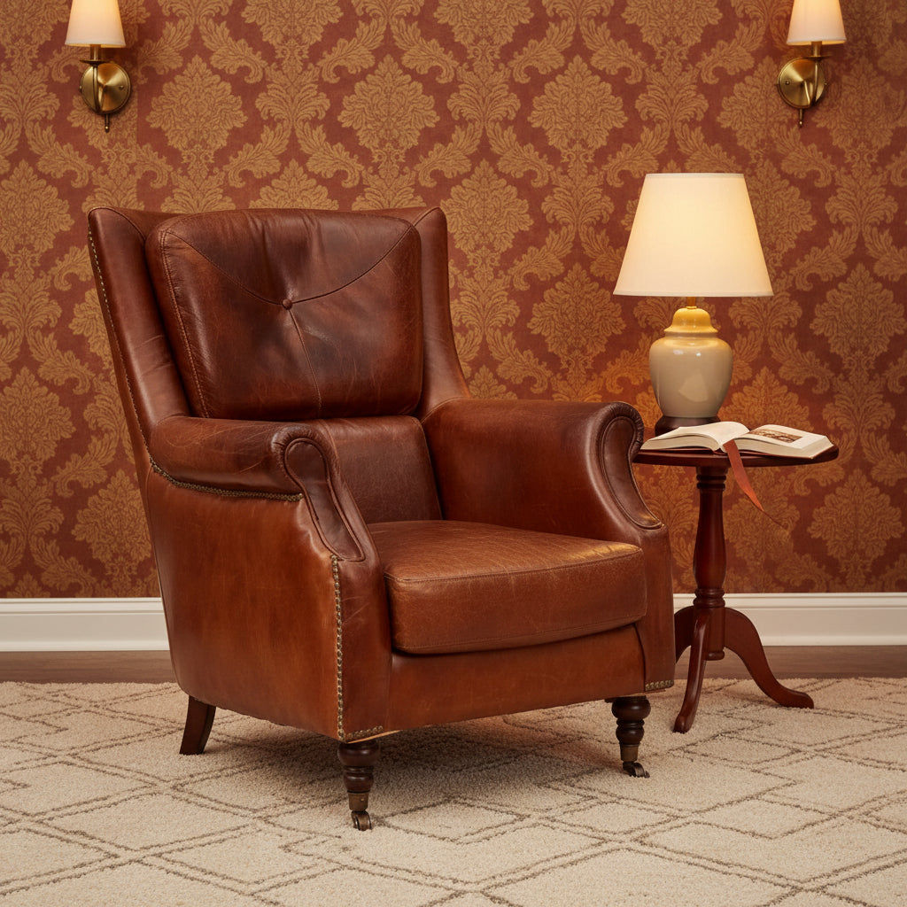 Aged leather Cleopatra arm chair by MyChocolateWood with a classic design and plush cushioning, shown in a stylish living room setting.