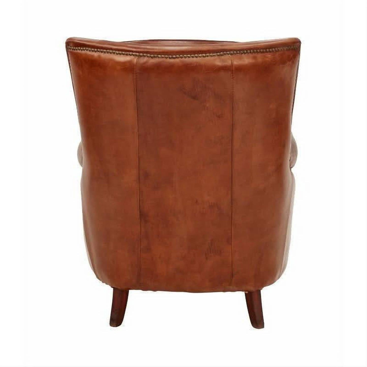 Aged leather Cleopatra arm chair by MyChocolateWood with a classic design and wooden armrests, showcasing luxurious craftsmanship.