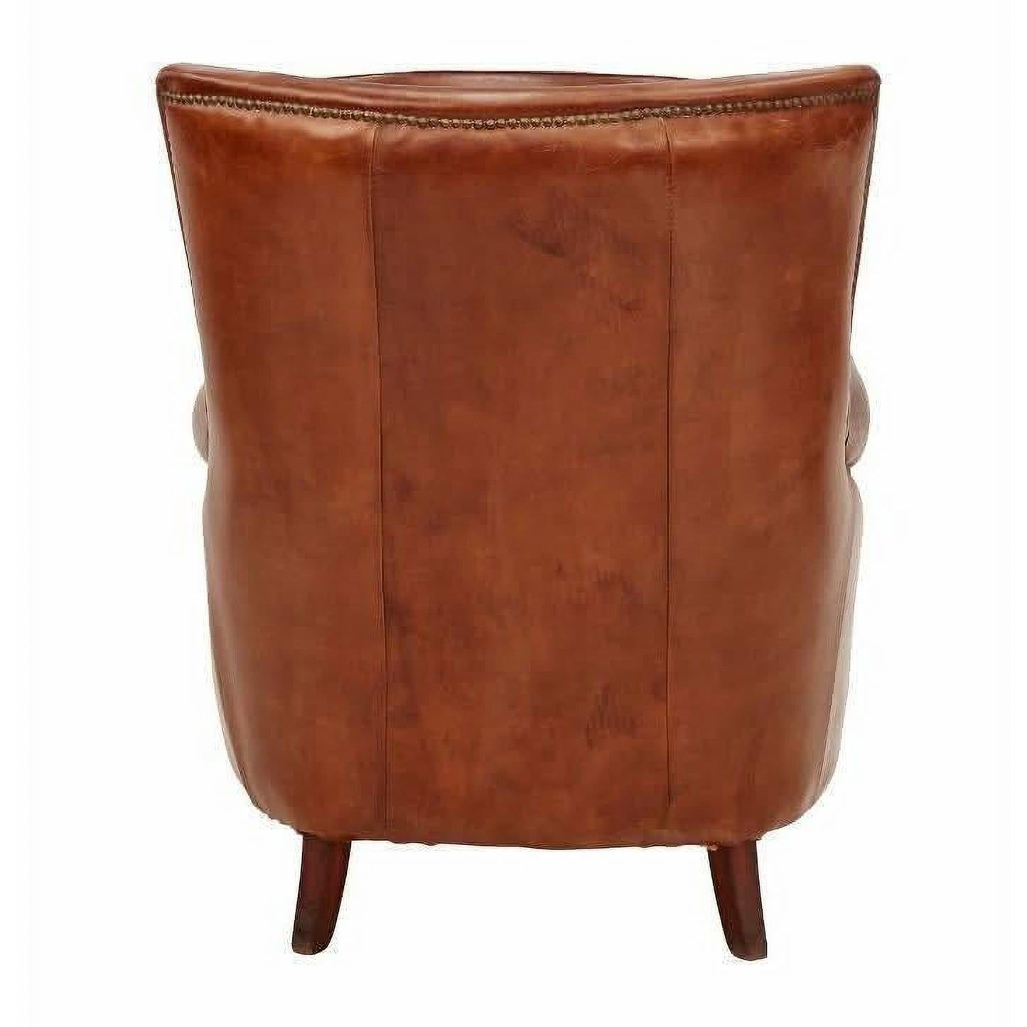 Aged leather Cleopatra arm chair by Chocolate Wood with a classic design and wooden armrests, showcasing luxurious craftsmanship.