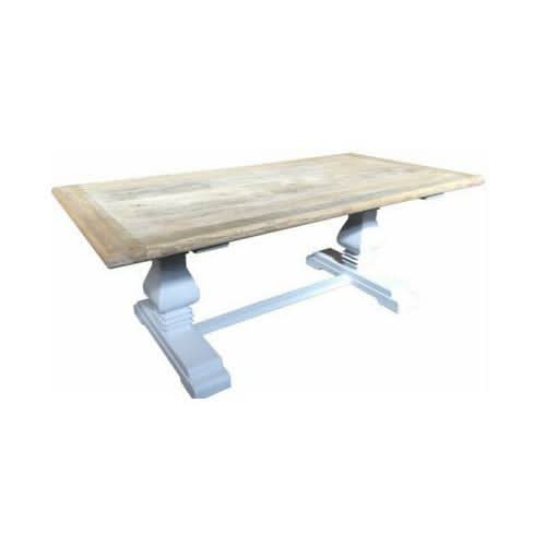 CLIFTON RUSTIC RECYCLED ELM DINING TABLE HAMPTONS STYLE 200CM - NATURAL DRIFTWOOD TOP/WHITE PEDESTAL - MyChocolateWood