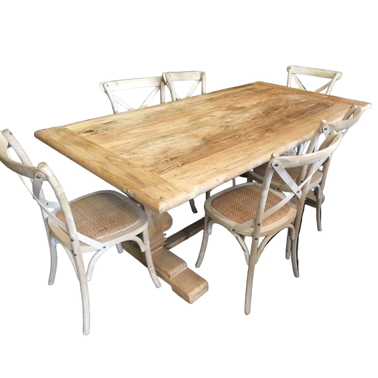CLIFTON RUSTIC RECYCLED ELM DINING TABLE HAMPTONS STYLE 250CM - NATURAL DRIFTWOOD TOP/WHITE PEDESTAL - MyChocolateWood
