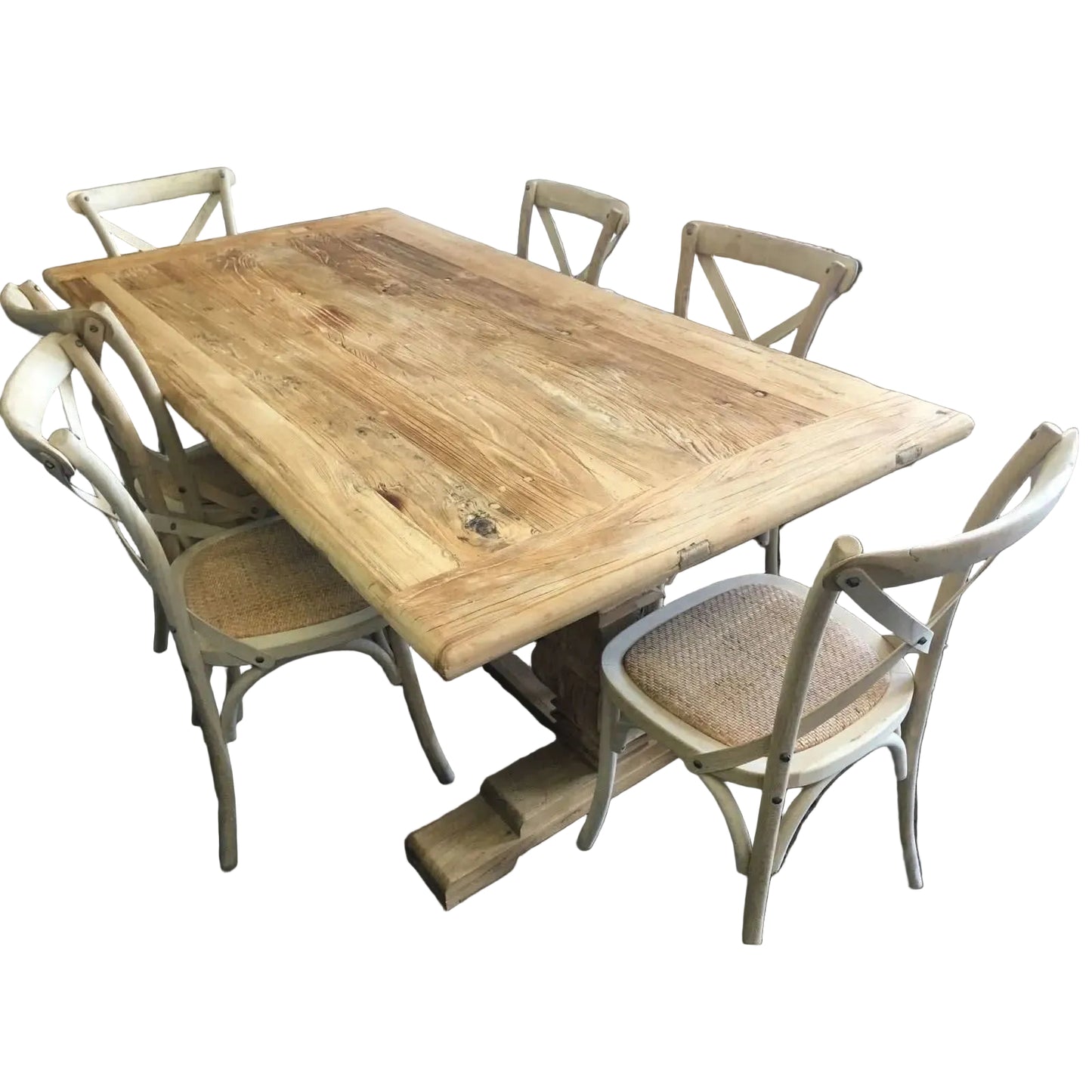 CLIFTON RUSTIC RECYCLED ELM DINING TABLE HAMPTONS STYLE 250CM - NATURAL DRIFTWOOD TOP/WHITE PEDESTAL - MyChocolateWood